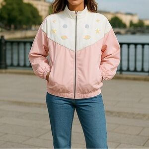 Bonnie Blaine Jacket Pink White Embroidered Shell Accents Vintage Tropical L